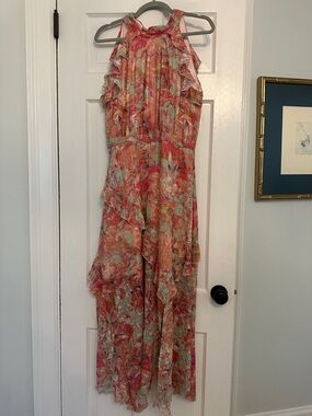 Alex Marie Coral Multi Floral Halter Ruffle Maxi dress size 12